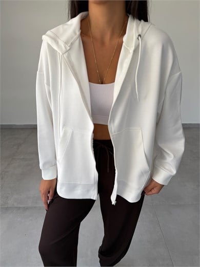 Relax Ekru Kapüşonlu Fermuarlı Rahat Kesim Sweatshirt