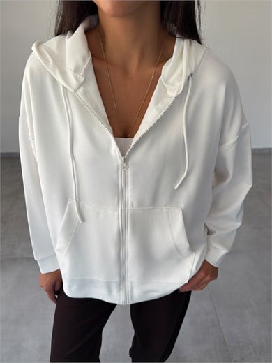 Ekru Kapüşonlu Fermuarlı Rahat Kesim Sweatshirt