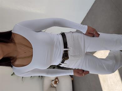 Ekru Kare Yaka Uzun Kol Bluz