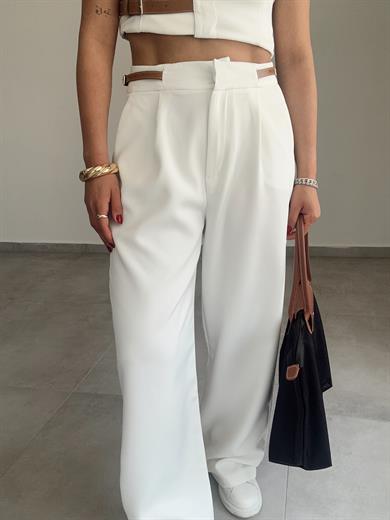 Ekru Kemer Detaylı Pantolon