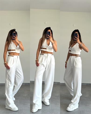 Ekru Kemer Detaylı Pantolon