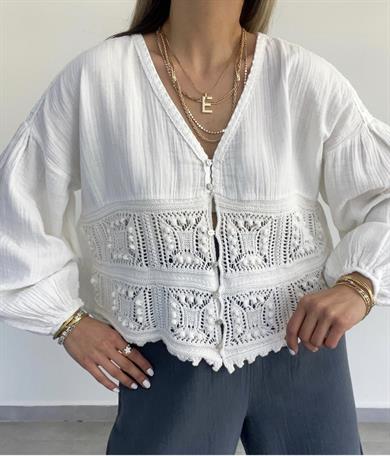 Ekru Keten Triko Detaylı Gömlek