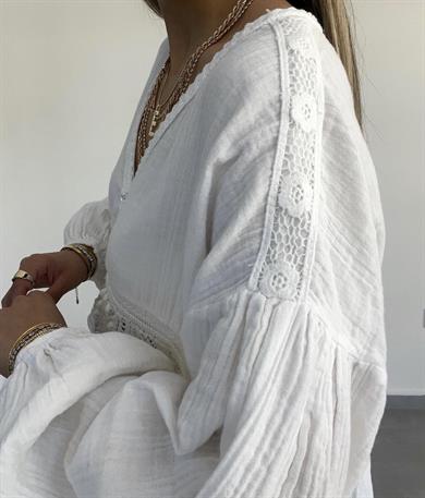 Ekru Keten Triko Detaylı Gömlek