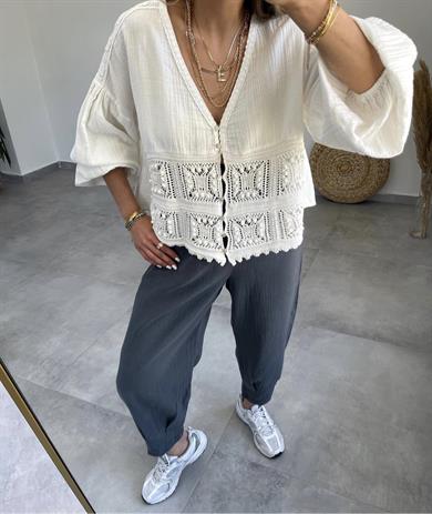 Ekru Keten Triko Detaylı Gömlek