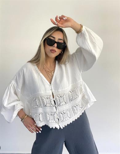 Ekru Keten Triko Detaylı Gömlek