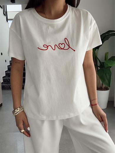 Ekru Kırmızı Love Nakışlı Tişört