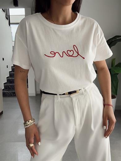 Ekru Kırmızı Love Nakışlı Tişört