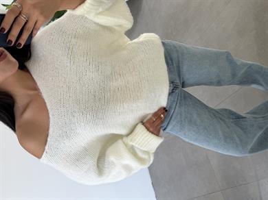 Ekru Kolları Katlamalı Triko Kazak