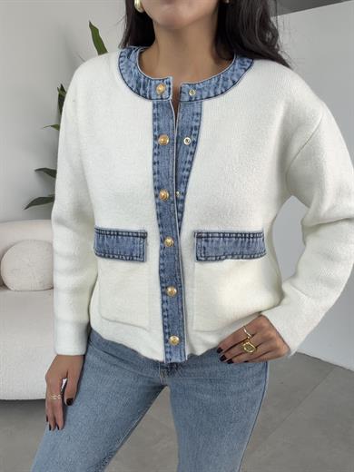 Ekru Kot Garnili Triko Hırka