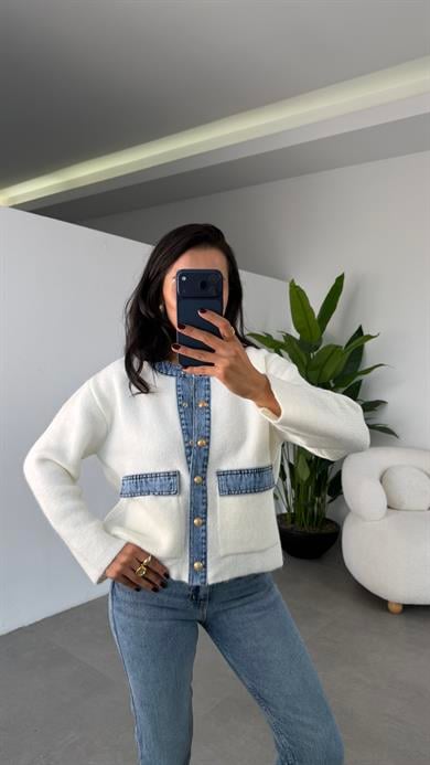 Ekru Kot Garnili Triko Hırka