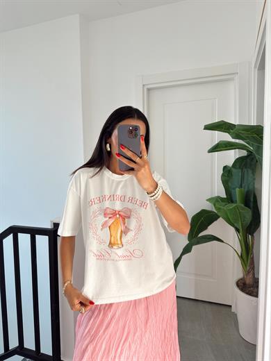 Ekru Kurdele Baskılı Tshirt