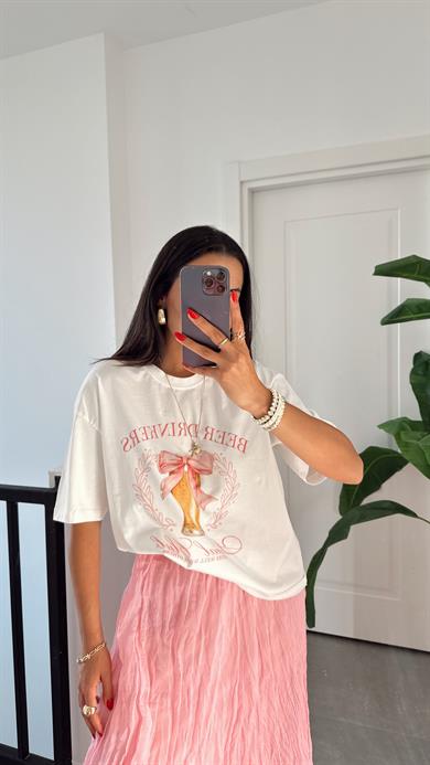 Ekru Kurdele Baskılı Tshirt