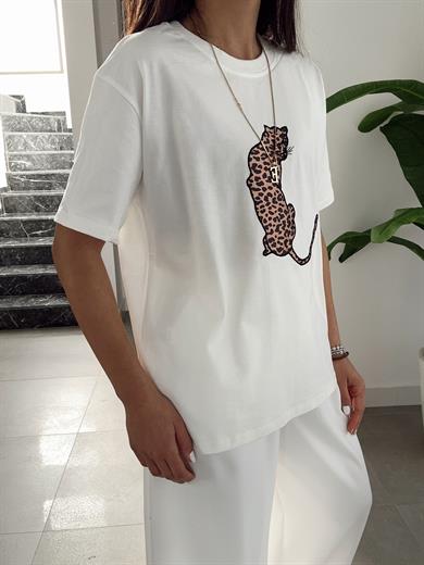 Ekru Leopar Desenli Basic Tişört