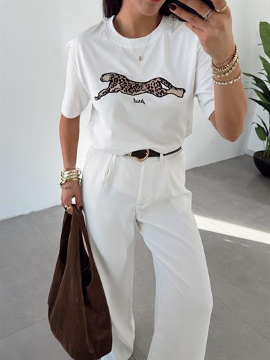 Ekru Leopar Desenli Oversize Tshirt