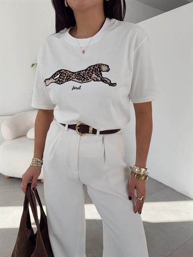 Ekru Leopar Desenli Oversize Tshirt