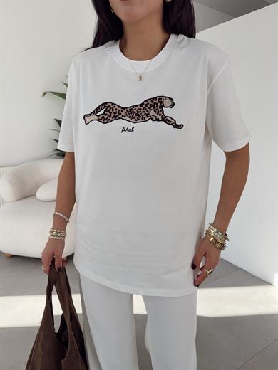 Ekru Leopar Desenli Oversize Tshirt