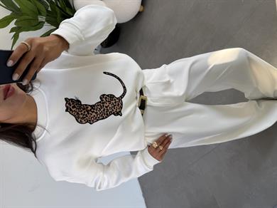 Ekru Leopar Desenli Sweatshirt