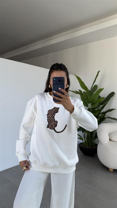 Ekru Leopar Desenli Sweatshirt