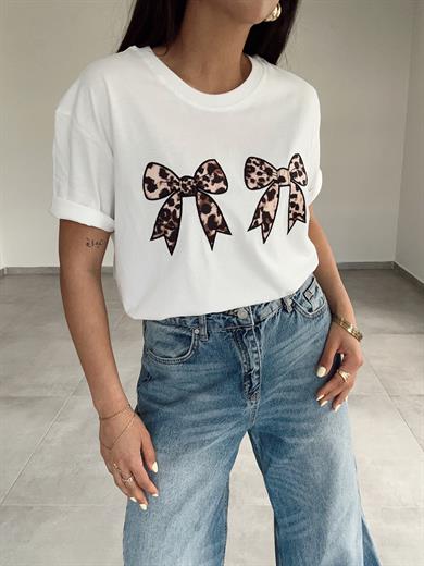 Ekru Leopar Fiyonk Tişört