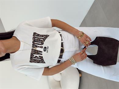 Ekru Leopar Yazılı Tshirt