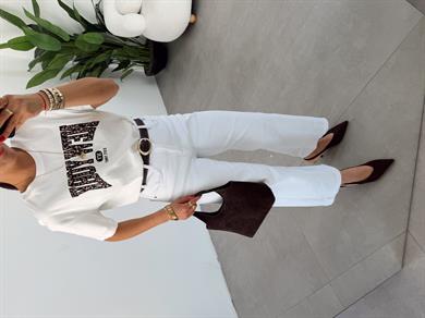 Ekru Leopar Yazılı Tshirt