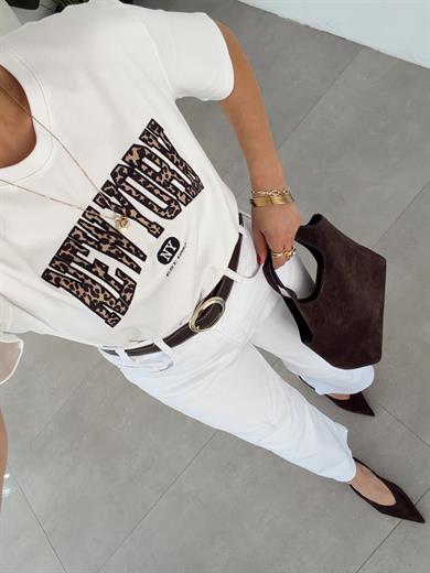 Ekru Leopar Yazılı Tshirt