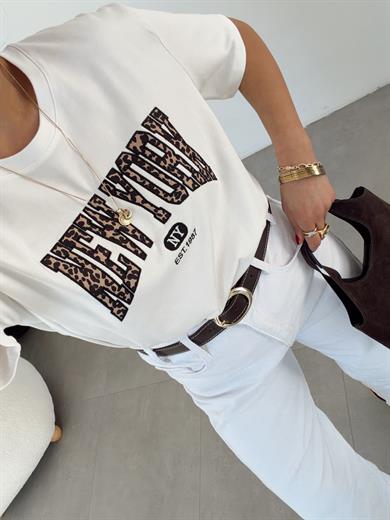 Ekru Leopar Yazılı Tshirt