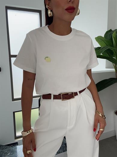 Ekru Limon Nakışlı Tişört