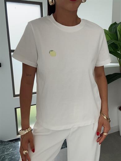 Ekru Limon Nakışlı Tişört