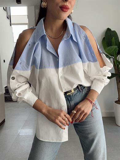Ekru Mavi Çizgili Gömlek