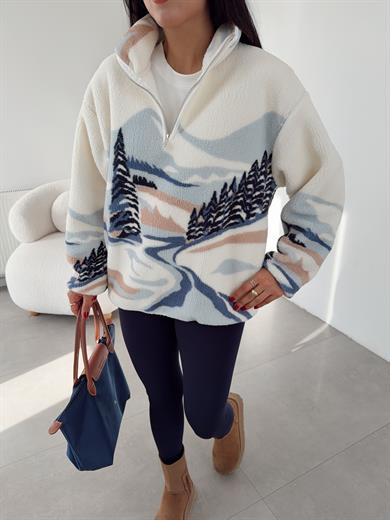 Ekru-Mavi Desenli Polar Sweatshirt