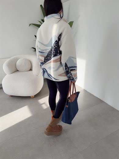 Ekru-Mavi Desenli Polar Sweatshirt