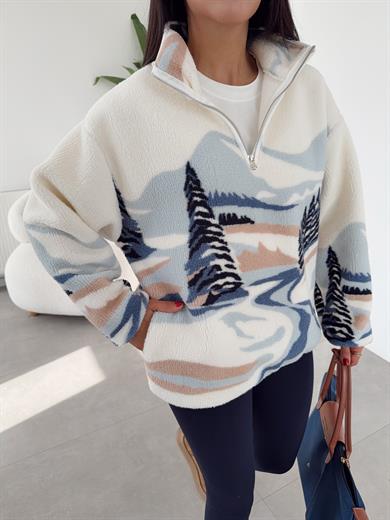 Ekru-Mavi Desenli Polar Sweatshirt