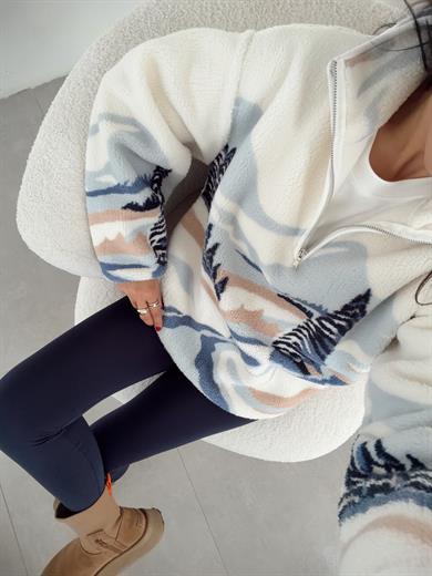 Ekru-Mavi Desenli Polar Sweatshirt