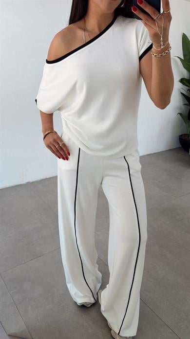 Ekru Modal Kontras Biyeli Tshirt Pantolon Takım