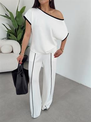 Ekru Modal Kontras Biyeli Tshirt Pantolon Takım