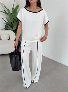 Ekru Modal Kontras Biyeli Tshirt Pantolon Takım