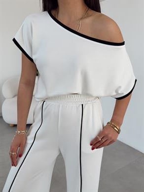 Ekru Modal Kontras Biyeli Tshirt Pantolon Takım