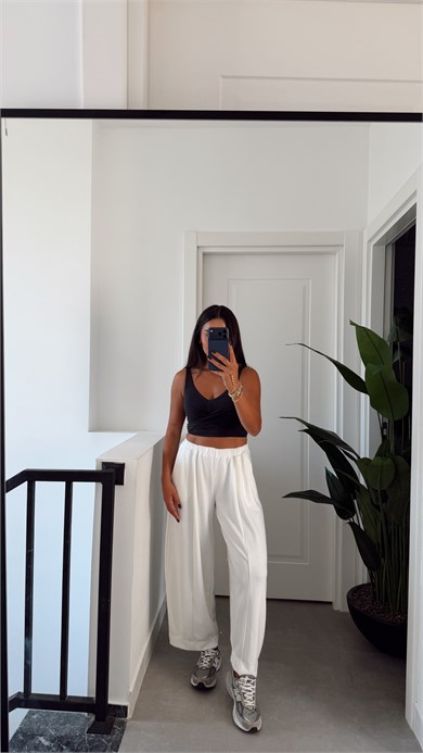 Ekru Modal Kumaş Beli Lastikli Şalvar Pantolon