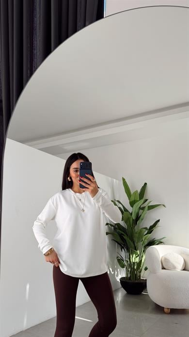 Ekru Modal Kumaş Bisiklet Yaka Uzun Kol Bluz