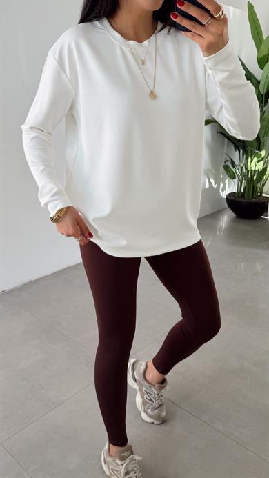 Ekru Modal Kumaş Bisiklet Yaka Uzun Kol Bluz