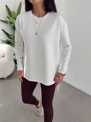 Ekru Modal Kumaş Bisiklet Yaka Uzun Kol Bluz
