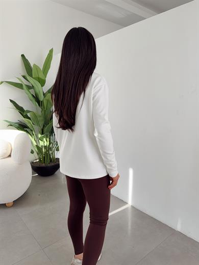 Ekru Modal Kumaş Bisiklet Yaka Uzun Kol Bluz