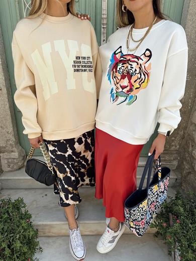 Ekru Nakışlı Kaplan Kafa Sweat