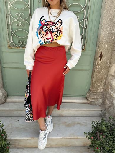 Ekru Nakışlı Kaplan Kafa Sweat