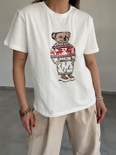 Ekru Nakışlı Kısa Kollu Tişört