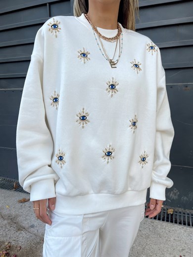 Ekru Nazar Boncuklu Sweatshirt