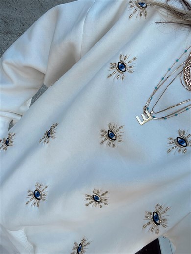 Ekru Nazar Boncuklu Sweatshirt