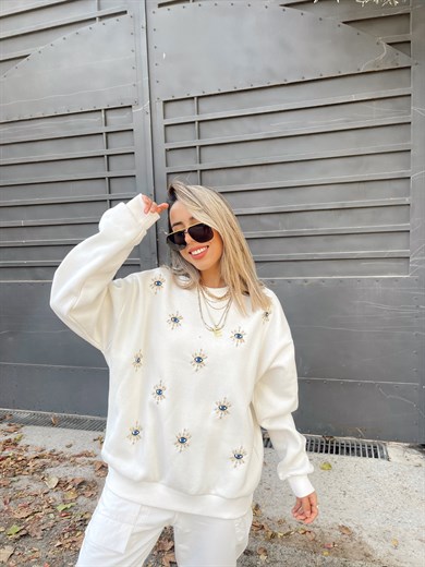 Ekru Nazar Boncuklu Sweatshirt
