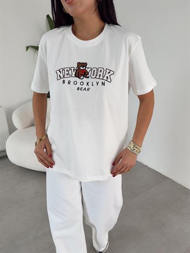 Ekru Ny Teddy Nakışlı Bisiklet Yaka Tshirt